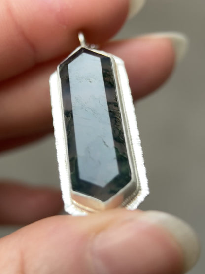 Step cut elongated hexagon Moss Agate pendant