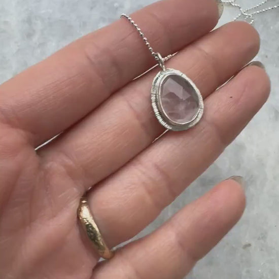 Rose cut Rose Quartz pendant, bezel set, open back, natural gemstone necklace, stone of universal love, recycled silver, gift for loved one