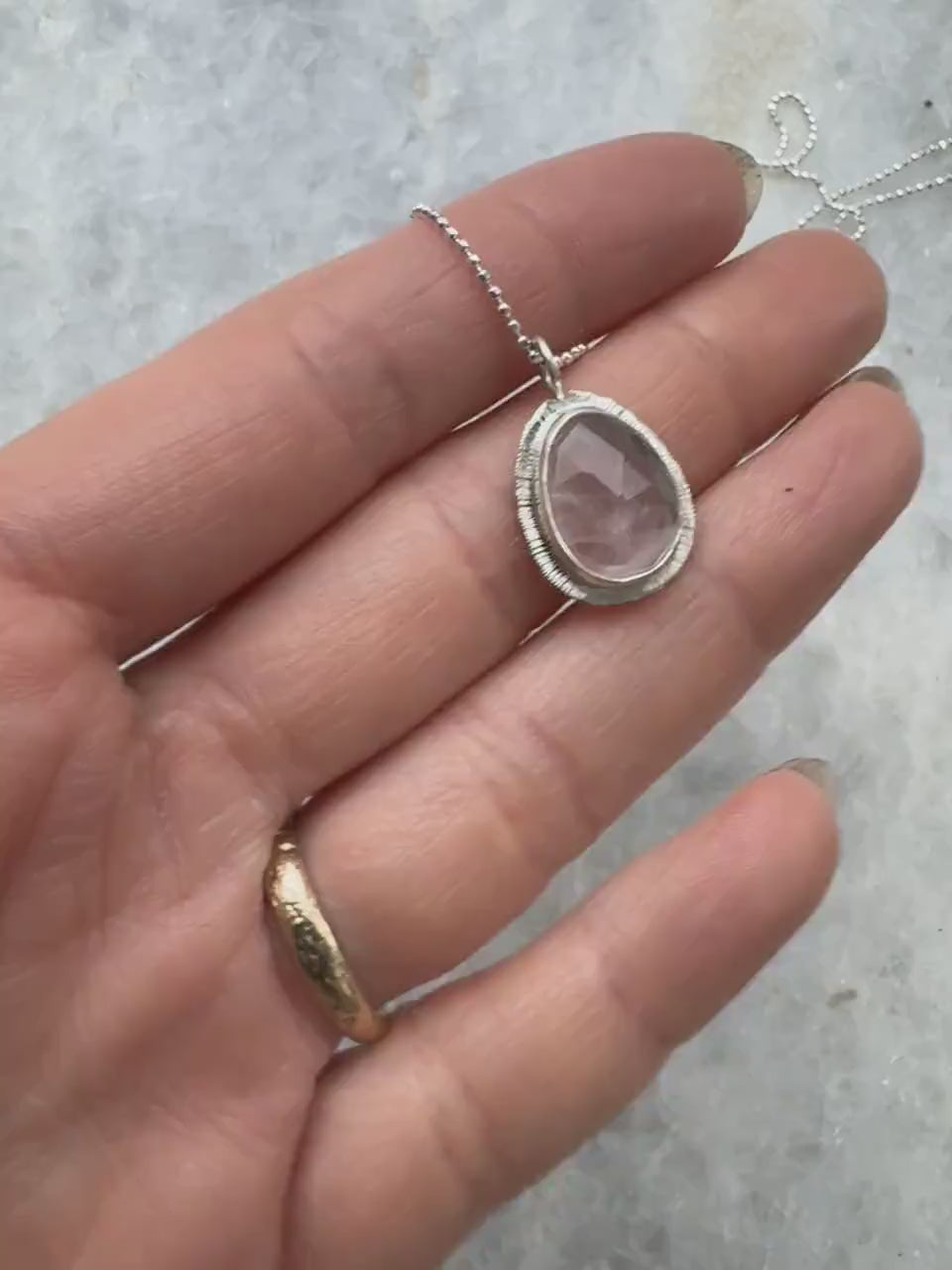 Rose cut Rose Quartz pendant, bezel set, open back, natural gemstone necklace, stone of universal love, recycled silver, gift for loved one