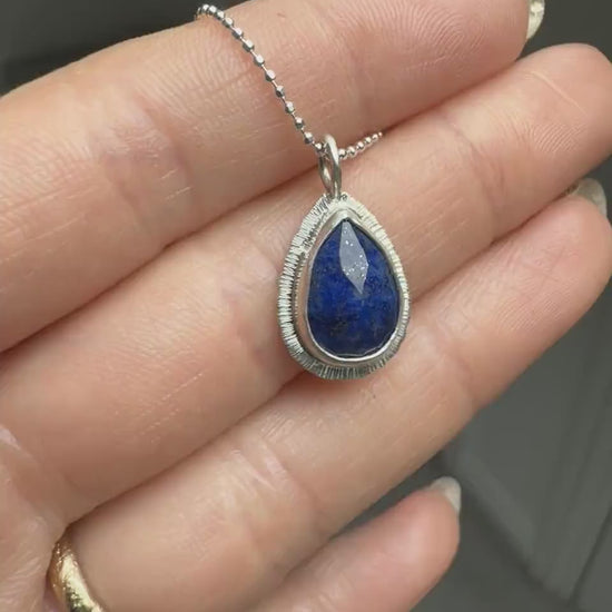 Rose cut Teardrop Lapis Lazuli pendant, bezel set, open back, natural gemstone necklace, sterling silver, 9th wedding anniversary gift