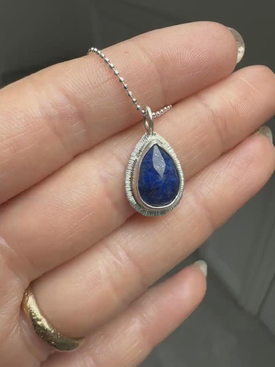 Rose cut Teardrop Lapis Lazuli pendant, bezel set, open back, natural gemstone necklace, sterling silver, 9th wedding anniversary gift