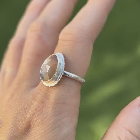 Rose cut bicolour Moonstone ring, natural sparkling gemstone, open back, bezel set, sterling silver, unusual jewellery gift, unique crystal