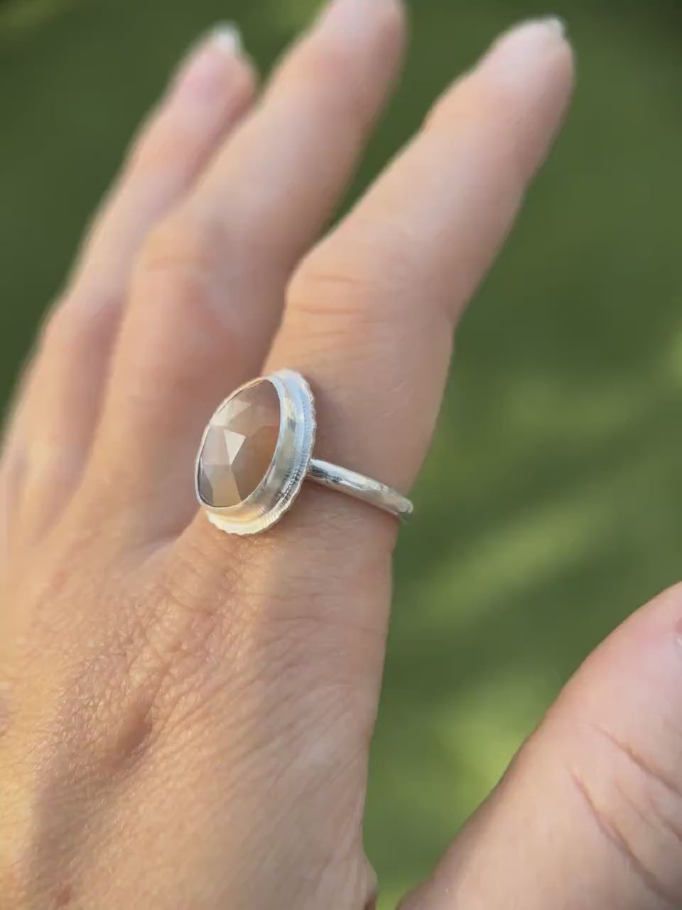 Rose cut bicolour Moonstone ring, natural sparkling gemstone, open back, bezel set, sterling silver, unusual jewellery gift, unique crystal