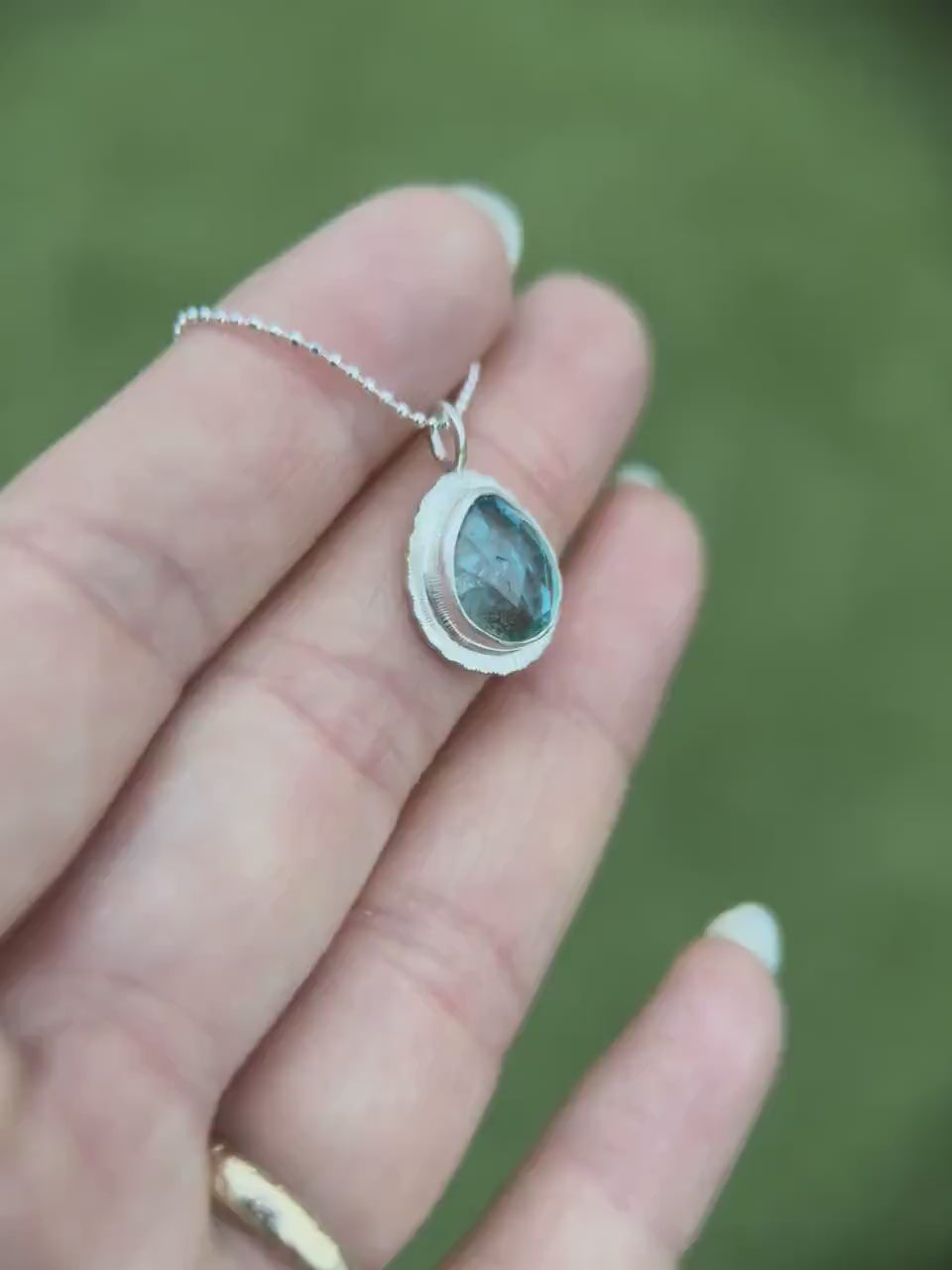 Rose cut Apatite pendant, natural gemstone necklace, open back, bezel set, sterling silver, diamond cut ball chain, unique gift for her