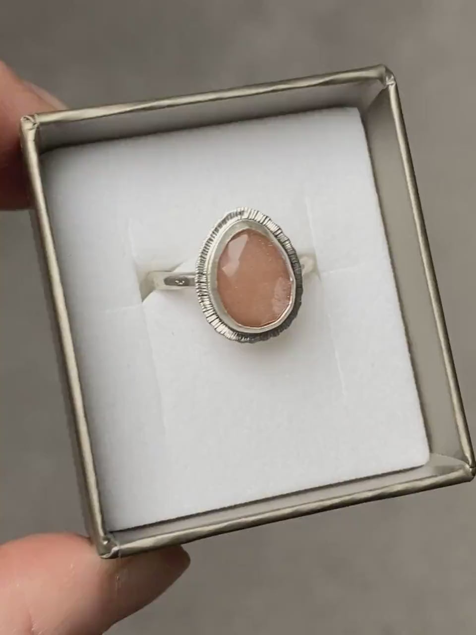 Rose cut Peach Moonstone ring, natural gemstone, bezel set, open back, sterling silver, June birthstone, unique gift, unusual jewellery